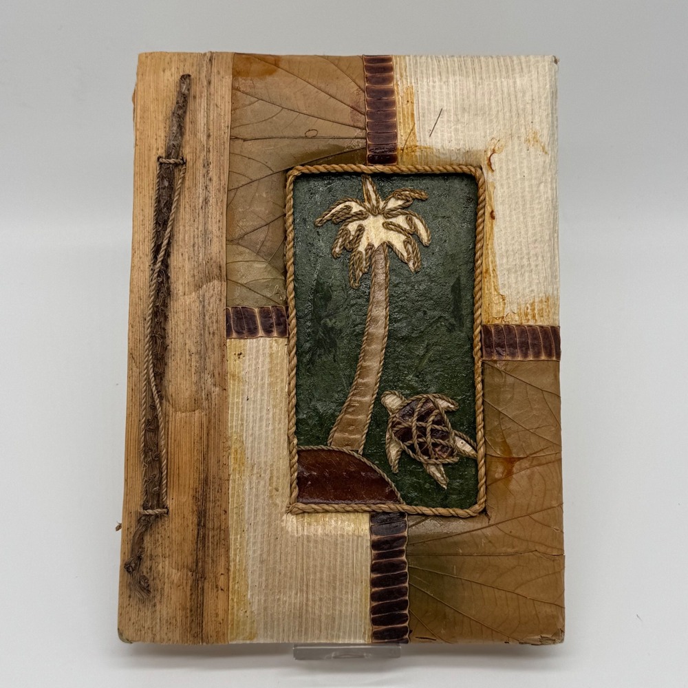 Vintage Handmade Bali Natural Fiber Journal Leaf Scrapbook Palm Tree Sea Turtle
